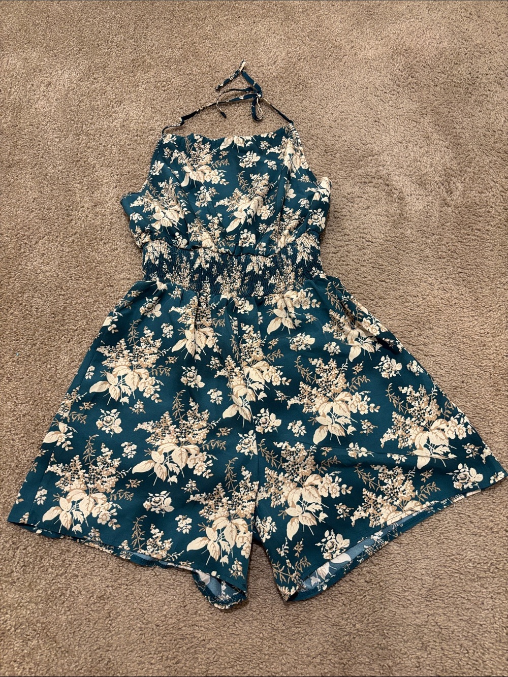 SHEIN Teal Floral Halter Romper with Cream Print